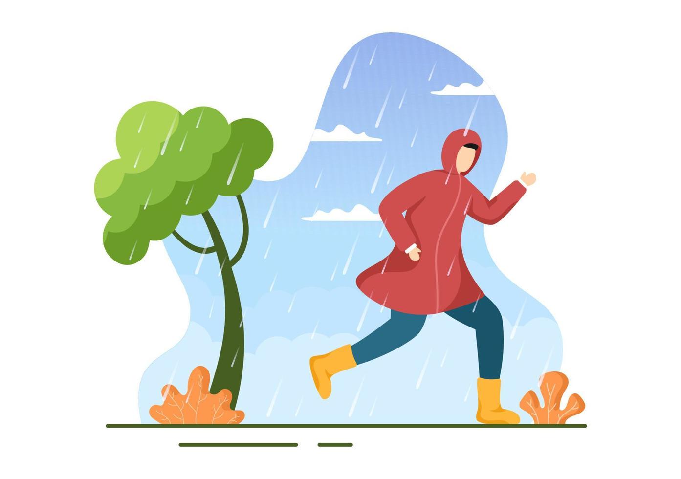 People Wearing Raincoat, Rubber Boots and Carrying Umbrella In the Middle of Rain Showers Storm. Flat Background Cartoon Vector Illustration for Banner or Poster