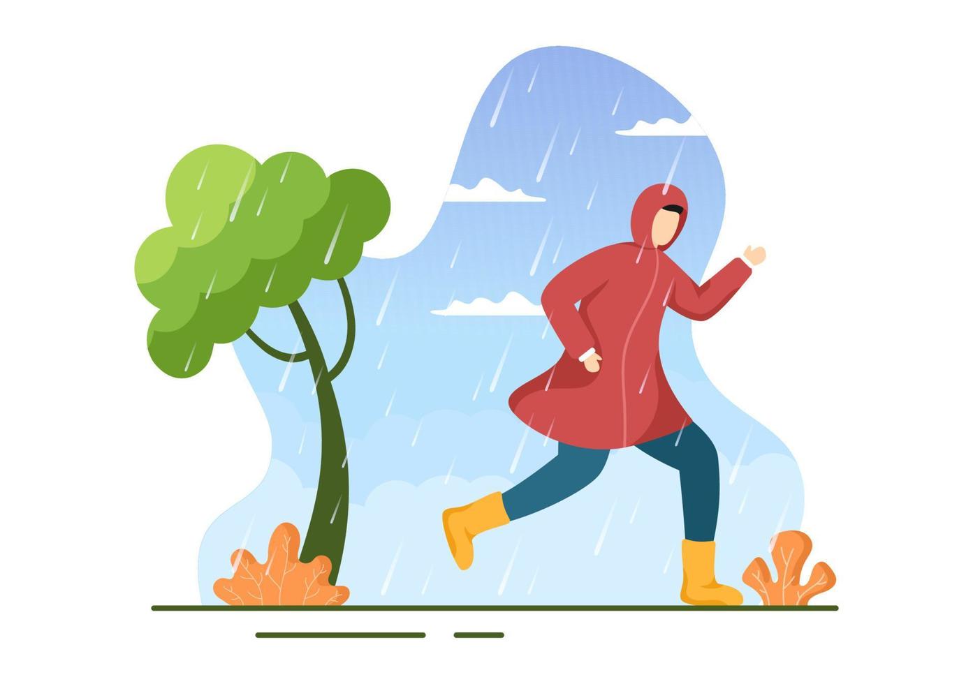 gente con impermeable, botas de goma y paraguas en medio de una tormenta de lluvia. ilustración de vector de dibujos animados de fondo plano para pancarta o póster