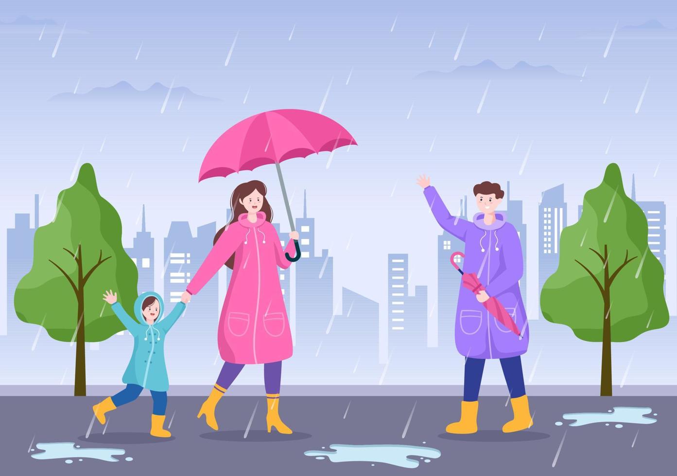 gente con impermeable, botas de goma y paraguas en medio de una tormenta de lluvia. ilustración de vector de dibujos animados de fondo plano para pancarta o póster