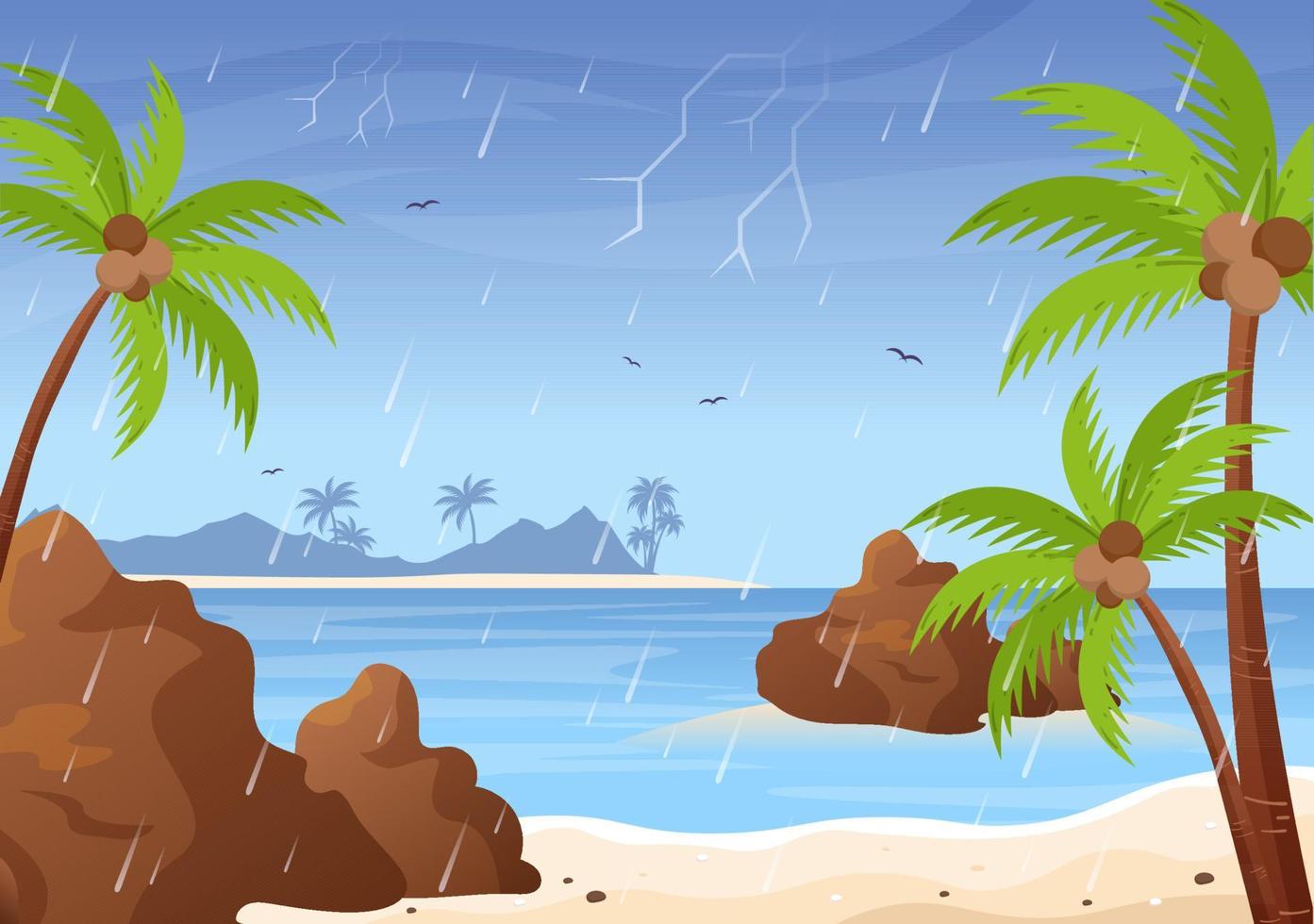 ilustración de vector de fondo de tormenta de lluvia con paisaje de playa cuando llueve y lugar público vacío con charco para pancarta o afiche