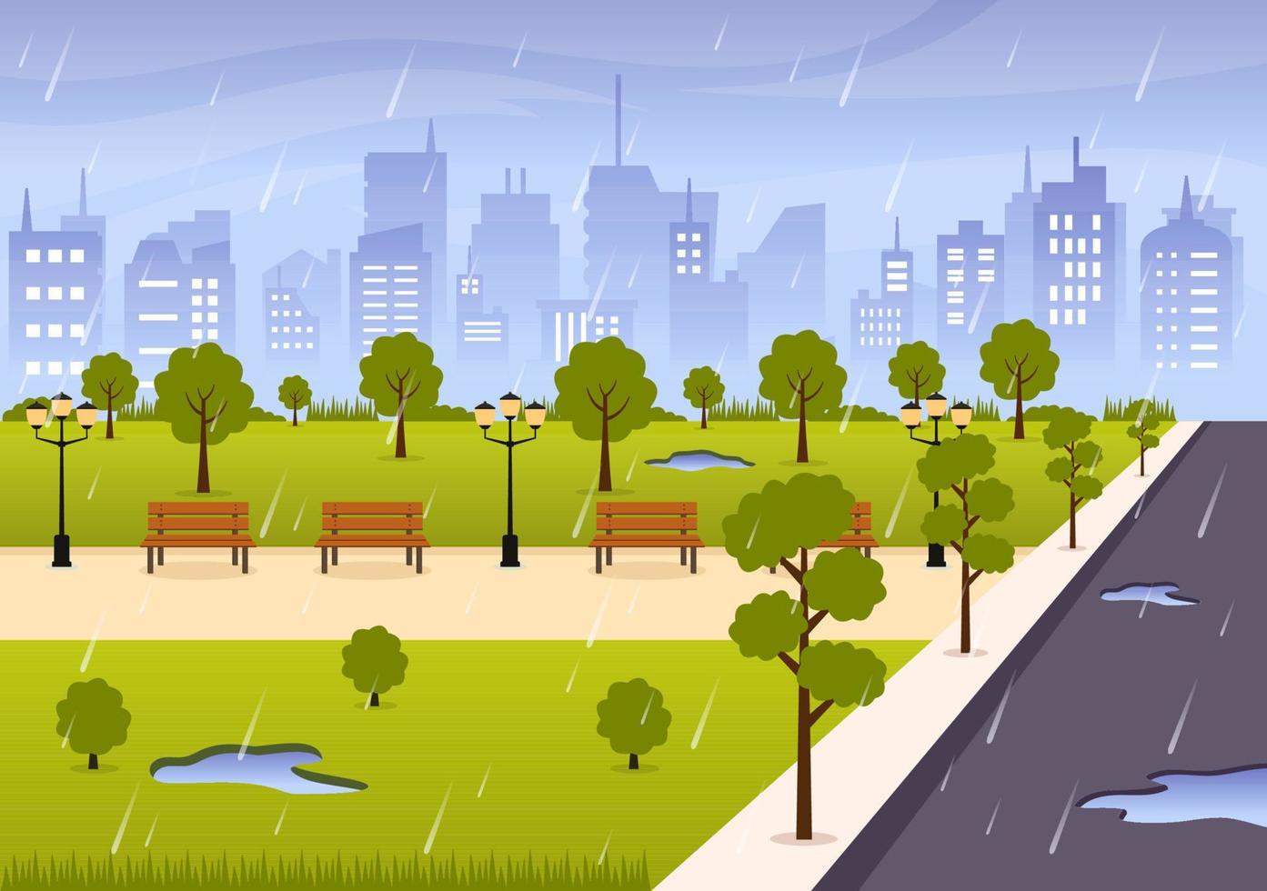 Rain Storm Background Vector Illustration at Rainy Weather with Scenery Cityscape or Park and Empty Public Place with Puddle for Banner or Poster