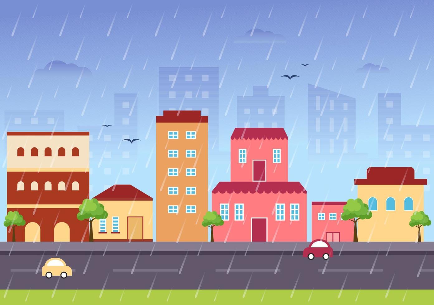 Rain Storm Background Vector Illustration at Rainy Weather with Scenery Cityscape or Park and Empty Public Place with Puddle for Banner or Poster