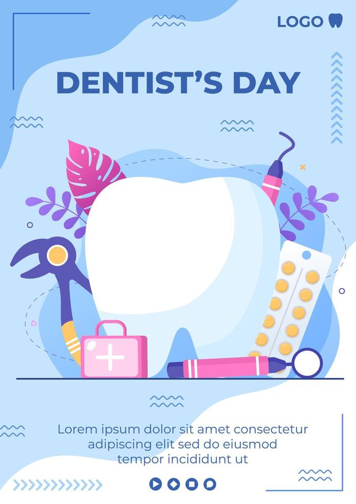 Dentist Day Flyer Template Flat Dental Design Illustration Editable of Square Background Suitable for Social media or Web Internet Ads vector