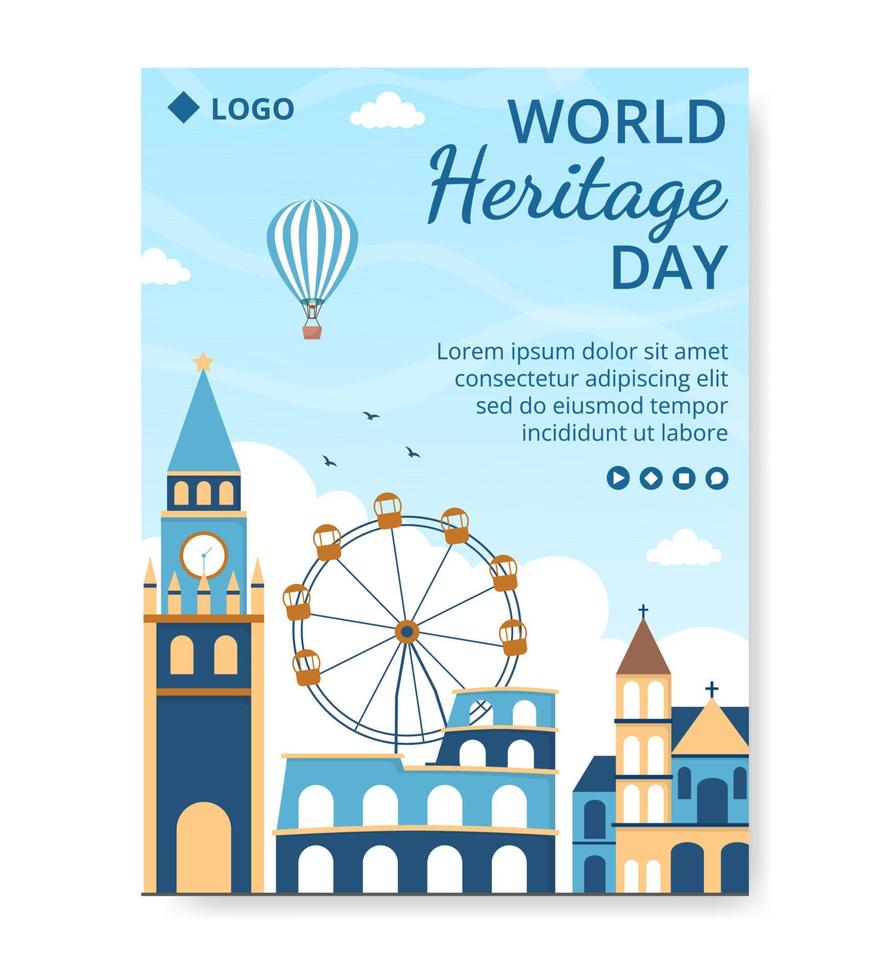 ilustración de diseño plano de plantilla de póster del día del patrimonio mundial editable de fondo cuadrado adecuado para redes sociales, tarjetas de felicitación y anuncios web vector