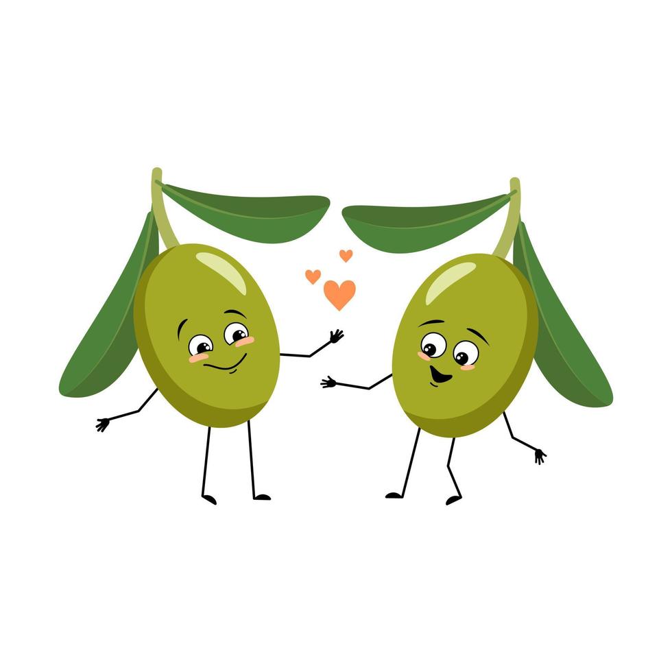 Olive character with love emotions, smile face, arms and legs. Person with happy expression, fruit emoticon. Vector flat illustration