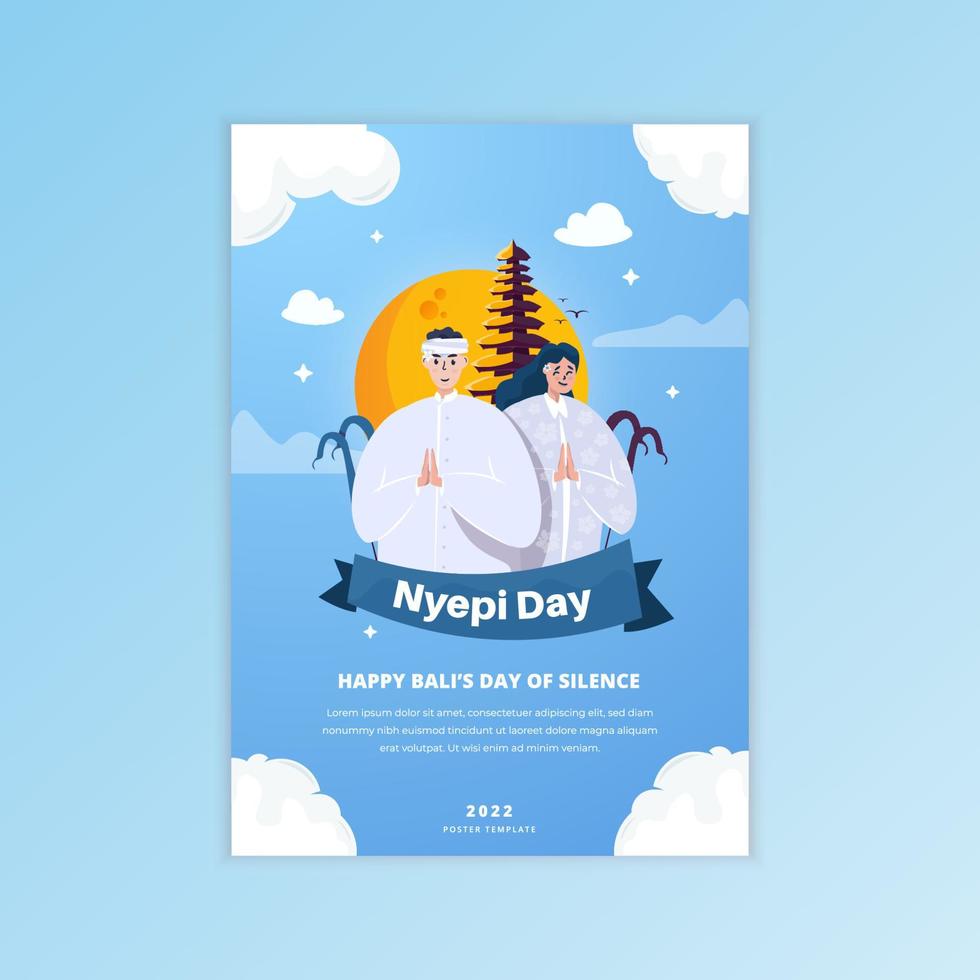 Balinese couple for happy Nyepi day means Bali's day of silence on poster design vector