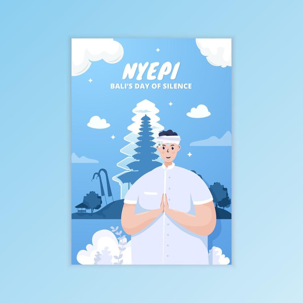 diseño plano feliz nyepi o saludo del día del silencio de bali en plantilla de póster vector