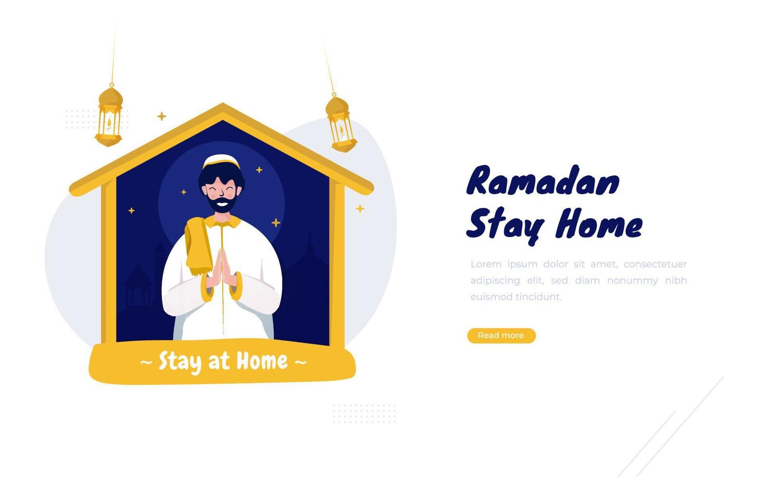 Flat design happy Ramadan stay at home concept vector