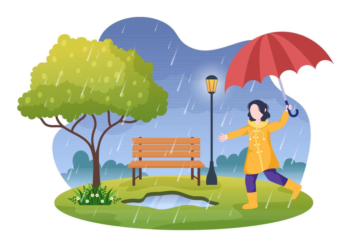 niño lindo con impermeable, botas de goma y paraguas en medio de las lluvias. ilustración de vector de dibujos animados de fondo plano para pancarta o póster