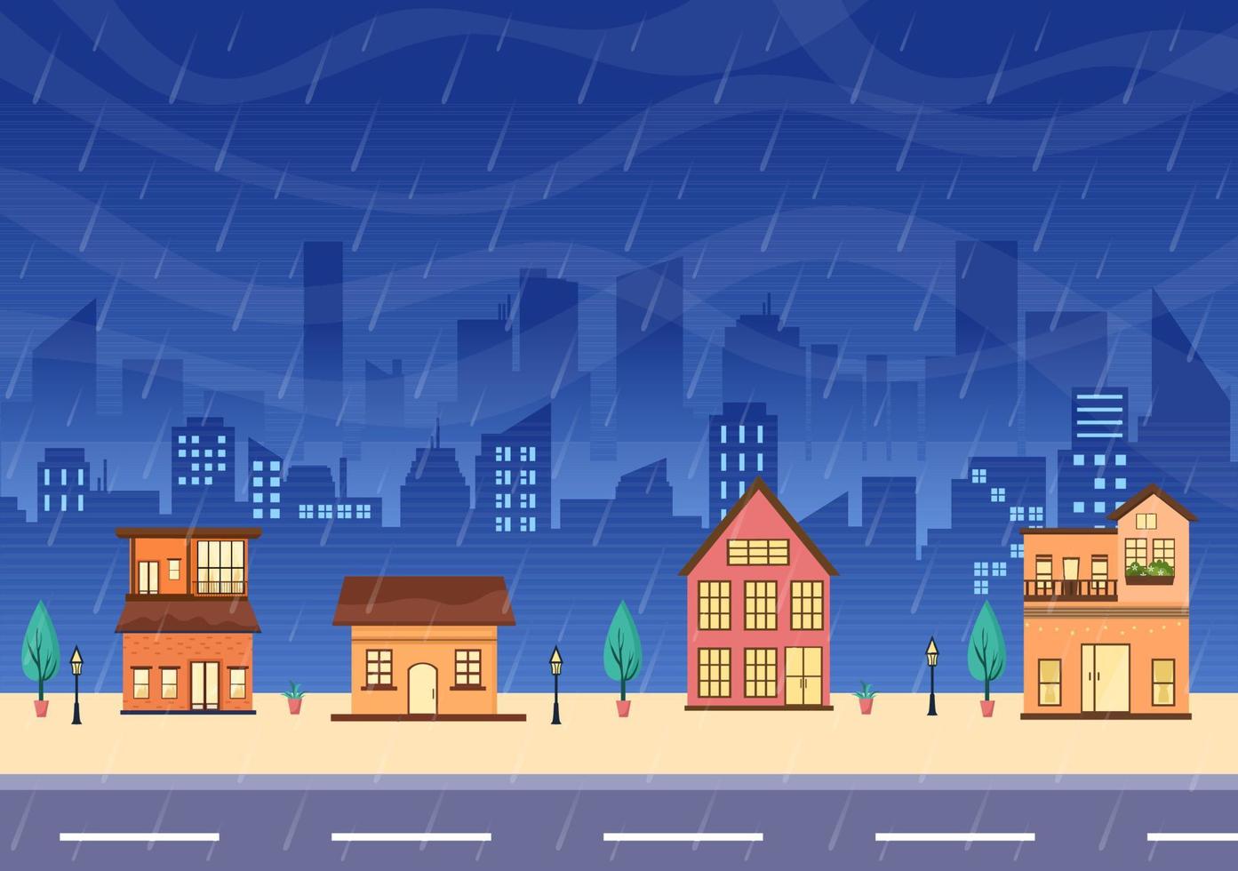 Rain Storm Background Vector Illustration at Rainy Weather with Scenery  Cityscape or Park and Empty Public Place with Puddle for Banner or Poster  5571464 Vector Art at Vecteezy