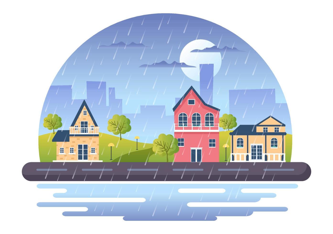 ilustración de vector de fondo de tormenta de lluvia en clima lluvioso con paisaje urbano o parque y lugar público vacío con charco para pancarta o afiche