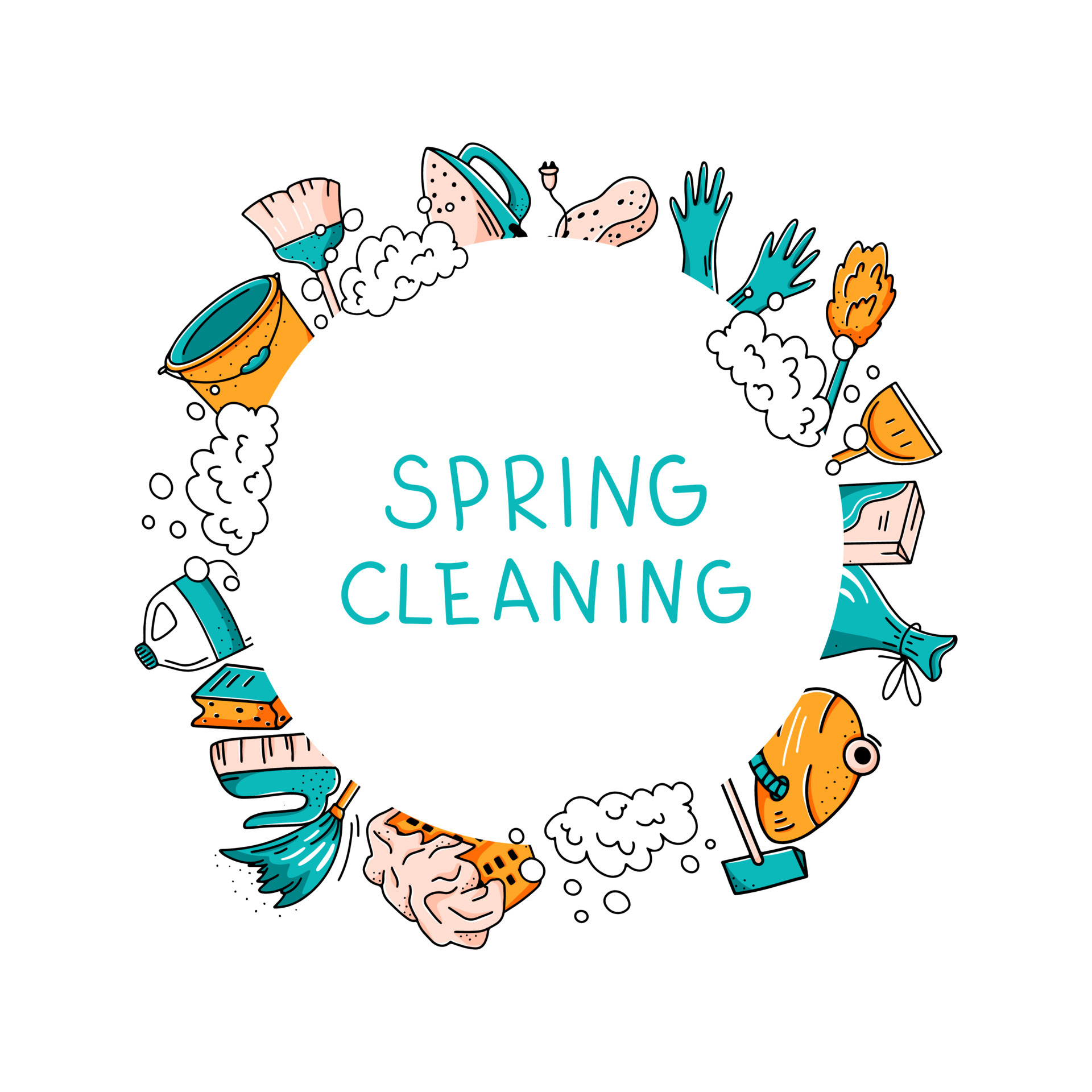 Spring cleaning concept. Banner template of isolated hand drawn home and office  cleaning items. Vector doodle illustration 5571604 Vector Art at Vecteezy