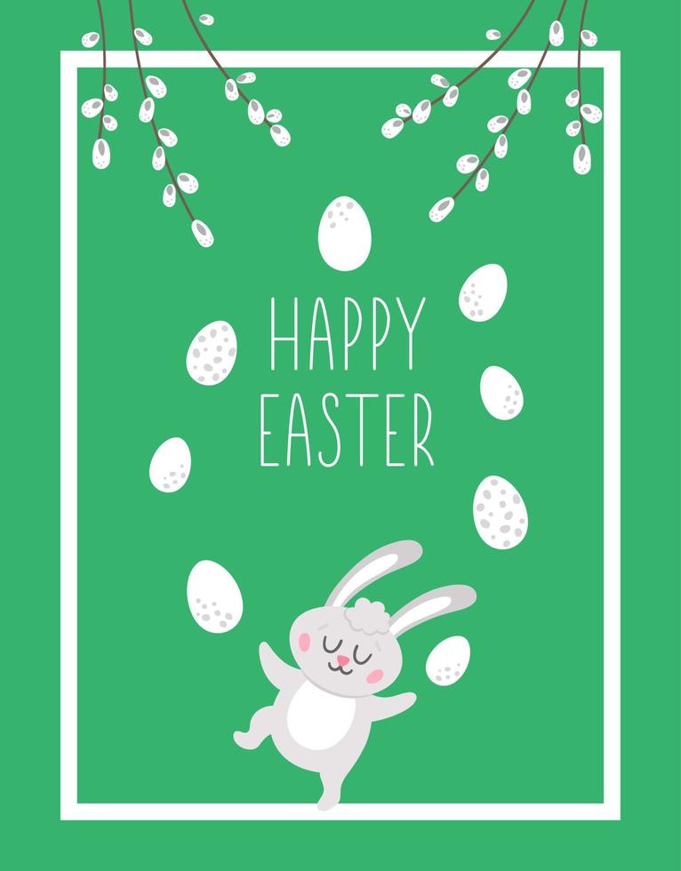 Easter vertical greeting card template with cute eggs, bunny and willow branches. Spring holiday poster or invitation for kids. Green frame or border illustration with traditional symbols. vector