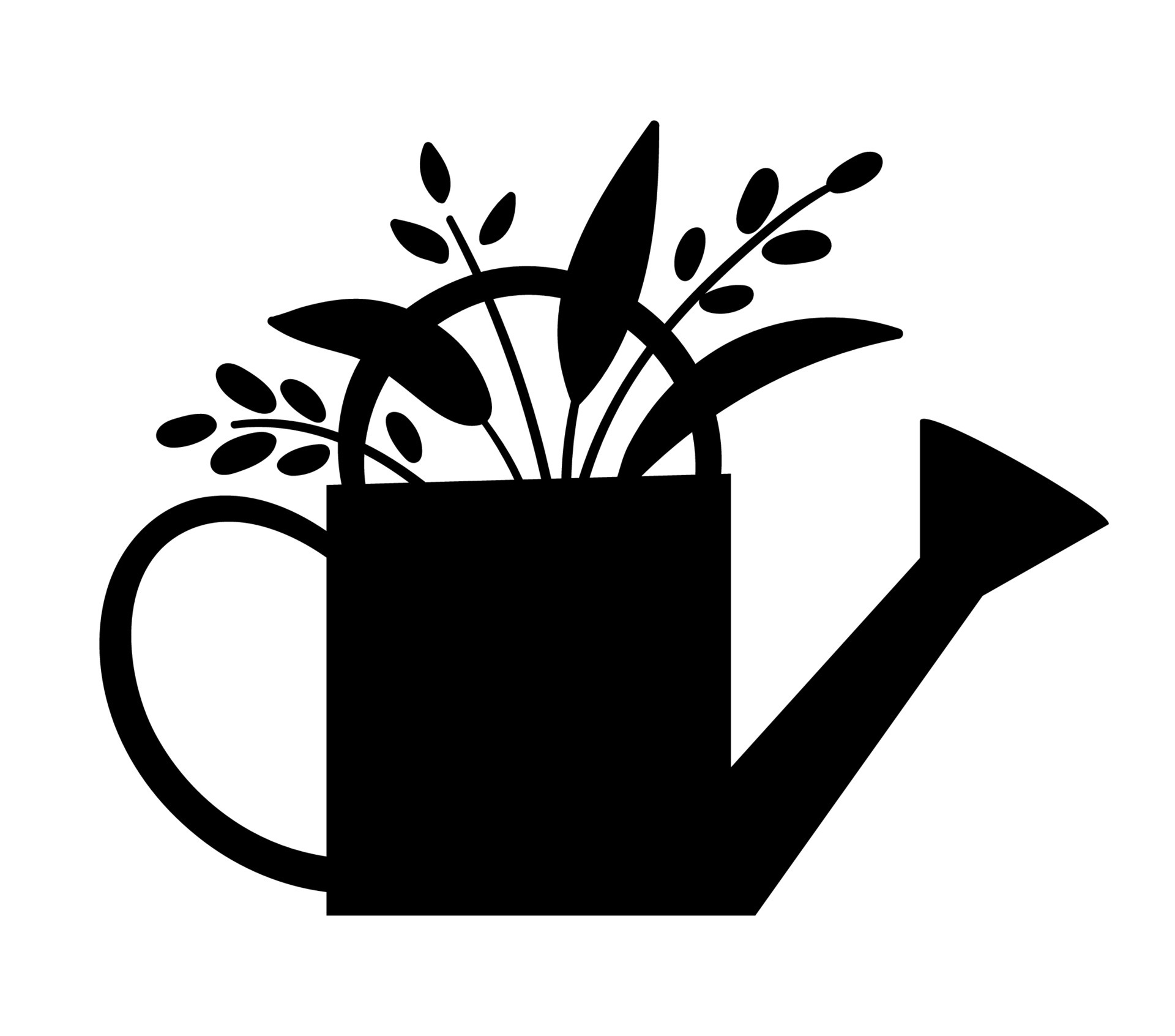 Vector cute watering can silhouette with plants icon isolated on white