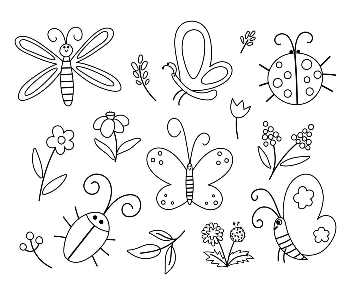 paquete de iconos de insectos vectoriales en blanco y negro y primera flor. divertida colección de contornos del jardín de primavera. linda mariquita, mariposa, escarabajo, ilustración de diente de león para niños. bichos y plantas para colorear página vector
