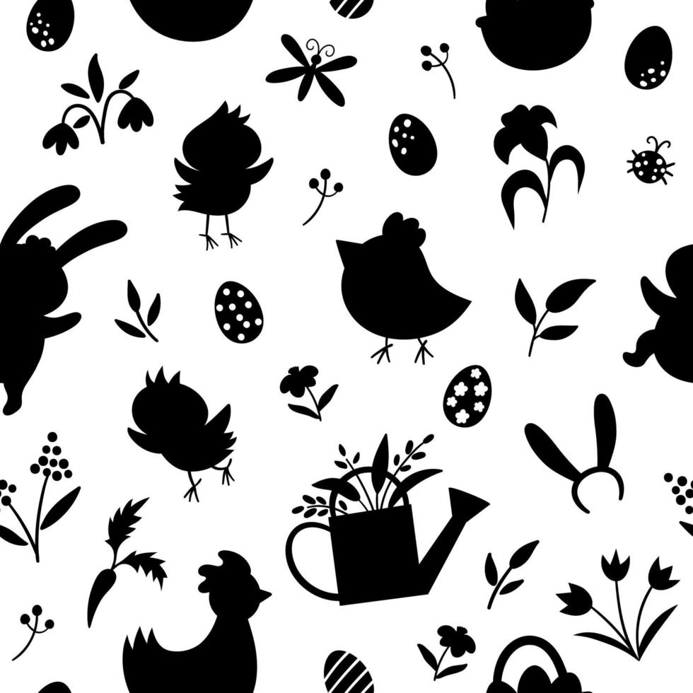 Vector seamless pattern with Easter silhouettes. Vector repeating background with cute bunny, eggs, bird, chicks, basket black shadows. Spring funny digital paper. Adorable holiday texture