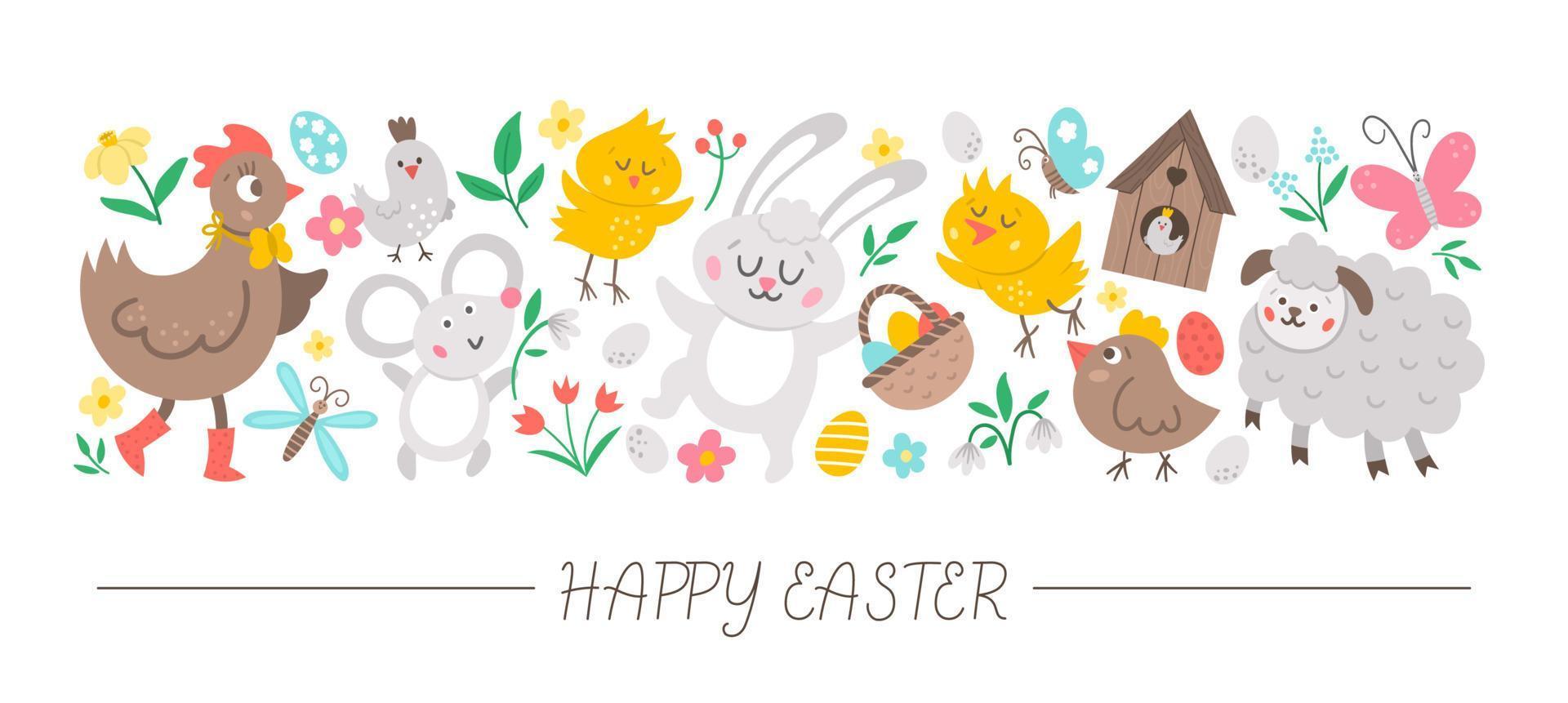Vector horizontal set with flat Easter day characters and elements. Card template design with bunny, egg, funny animals, birds, flowers. Cute Spring holiday border.