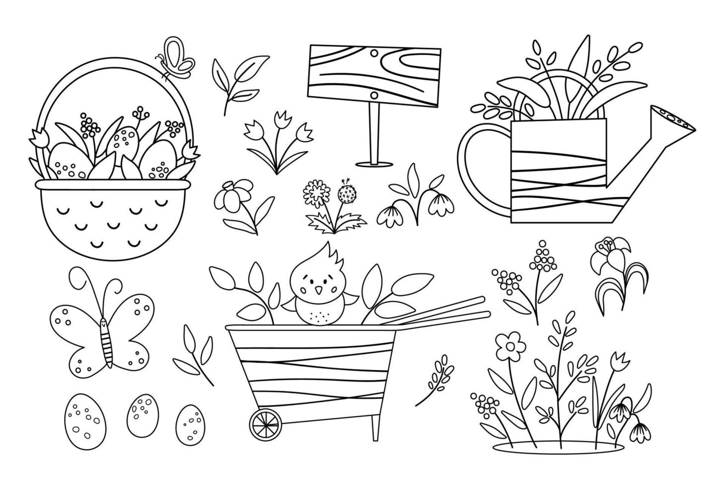 vector lindo jardín blanco y negro y paquete de iconos de pascua. Carretilla, regadera, huevos, primeras flores y plantas para colorear página. esbozar la ilustración de la herramienta de jardinería de primavera para niños.