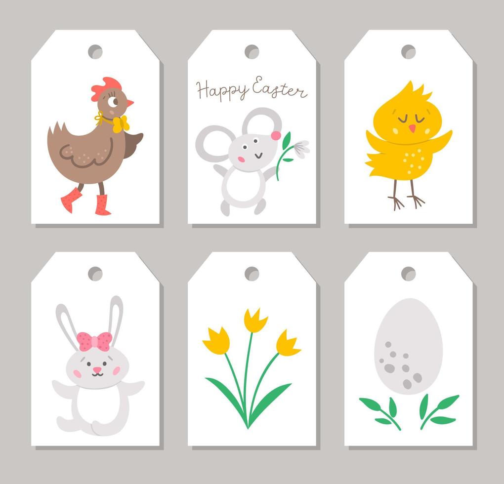 lindo conjunto de plantillas de etiquetas de precios de primavera con gallina, conejito, huevo, pollo, flores. diseños de tarjetas de pascua vectoriales. insignia o etiqueta de tienda de temporada de vacaciones religiosas. vector