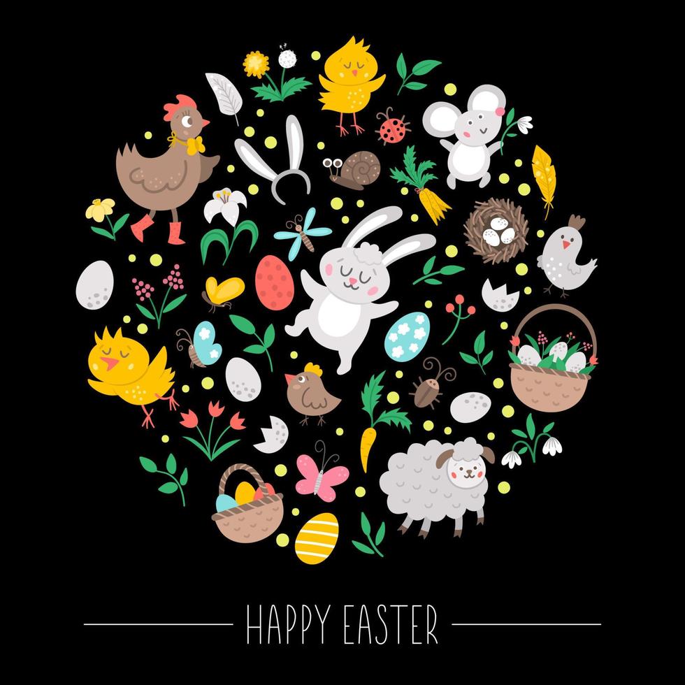 Vector Easter elements framed in circle on black background. Spring round frame concept. Design for banners, posters, invitations. Cute religious holiday card template with egg, bunny, animals