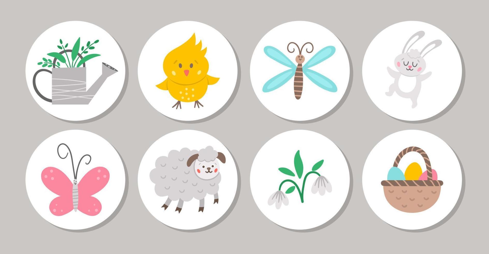 Cute set of round Easter highlight icons or card designs with bunny, cute animals, watering can, butterfly, flowers. Vector spring holiday pin or badge design isolated on white background