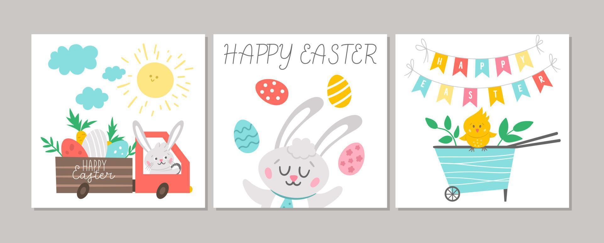 Cute set of square Easter cards with Bunny, colored eggs, cute wheel barrow with chick. Vector spring print design templates. Religious holiday seasonal banner or poster templates.