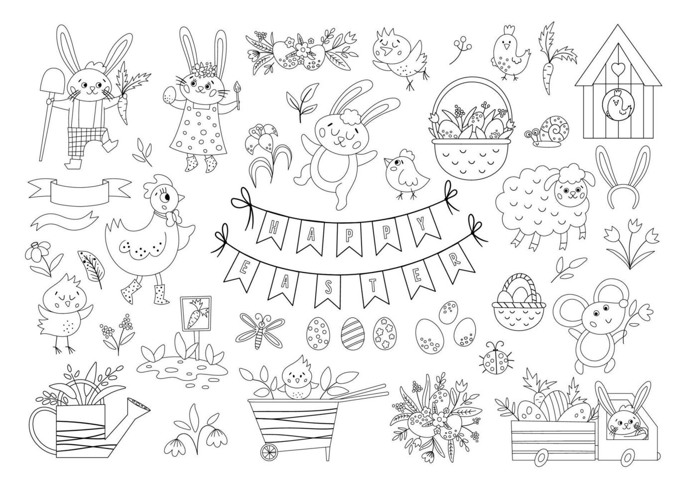 gran colección en blanco y negro de elementos de diseño para pascua. contorno vectorial con lindo conejito, huevos, pájaros, pollitos, cestas. ilustración divertida de primavera o página para colorear. adorables iconos de vacaciones vector