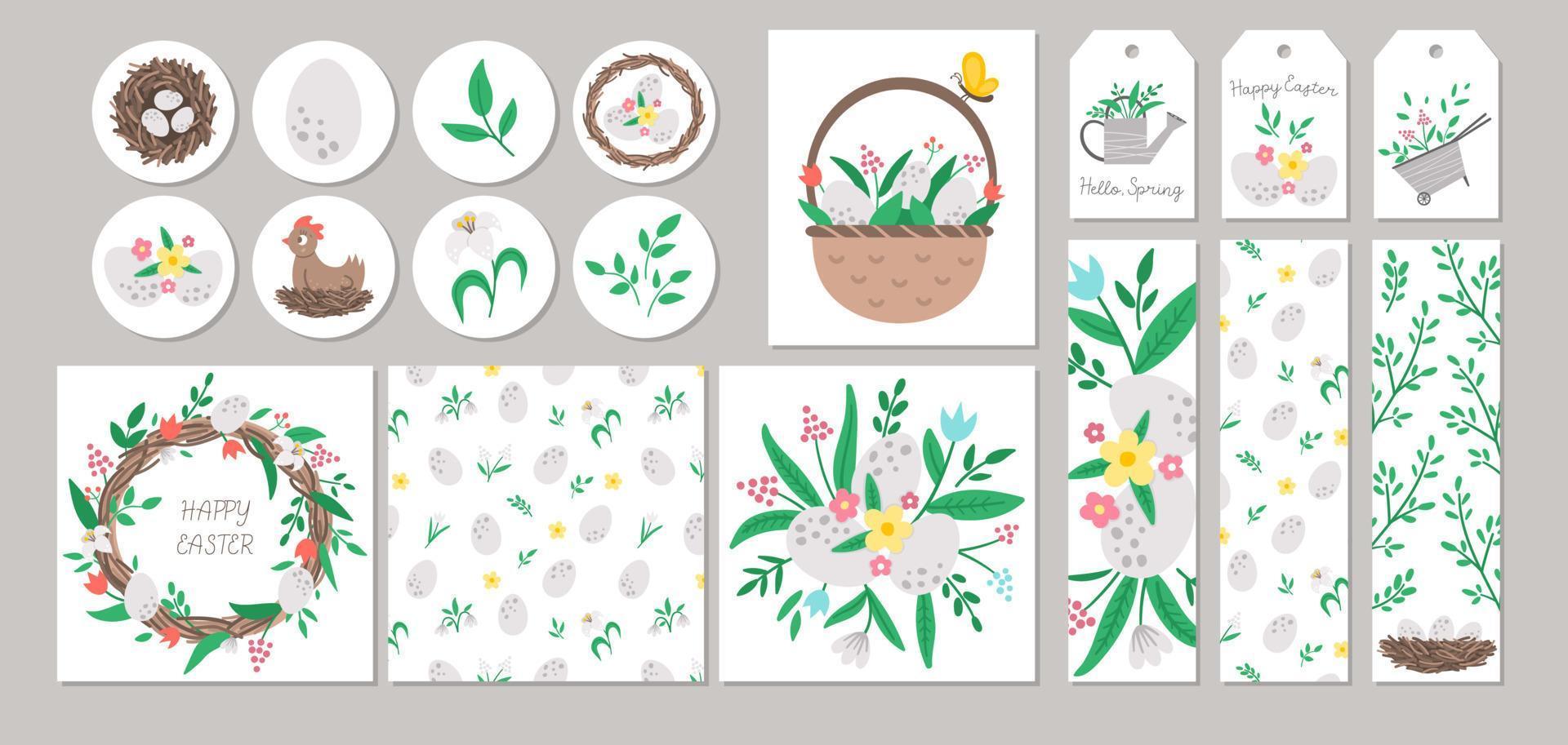 lindo conjunto de tarjetas de venta de primavera con nido, huevos, flores, gallina, canasta. plantillas de impresión cuadradas, redondas, horizontales y verticales vectoriales. diseños de vacaciones de pascua para etiquetas, postales, venta, scrapbooking. vector