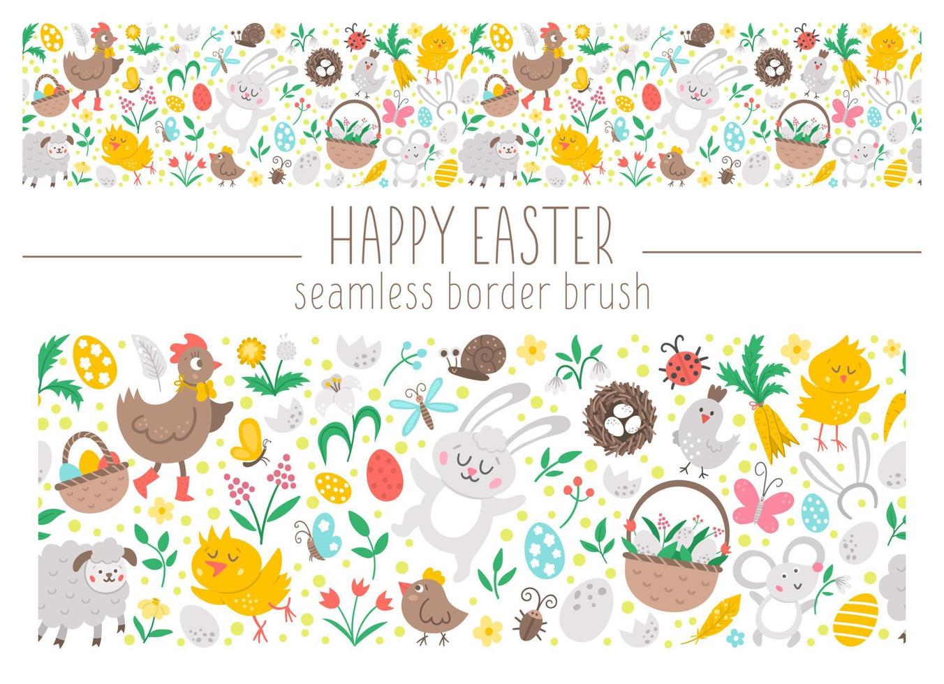Vector seamless pattern brush with Easter symbols. Repeating horizontal background with bunny, eggs, flowers, birds. Spring holiday backdrop