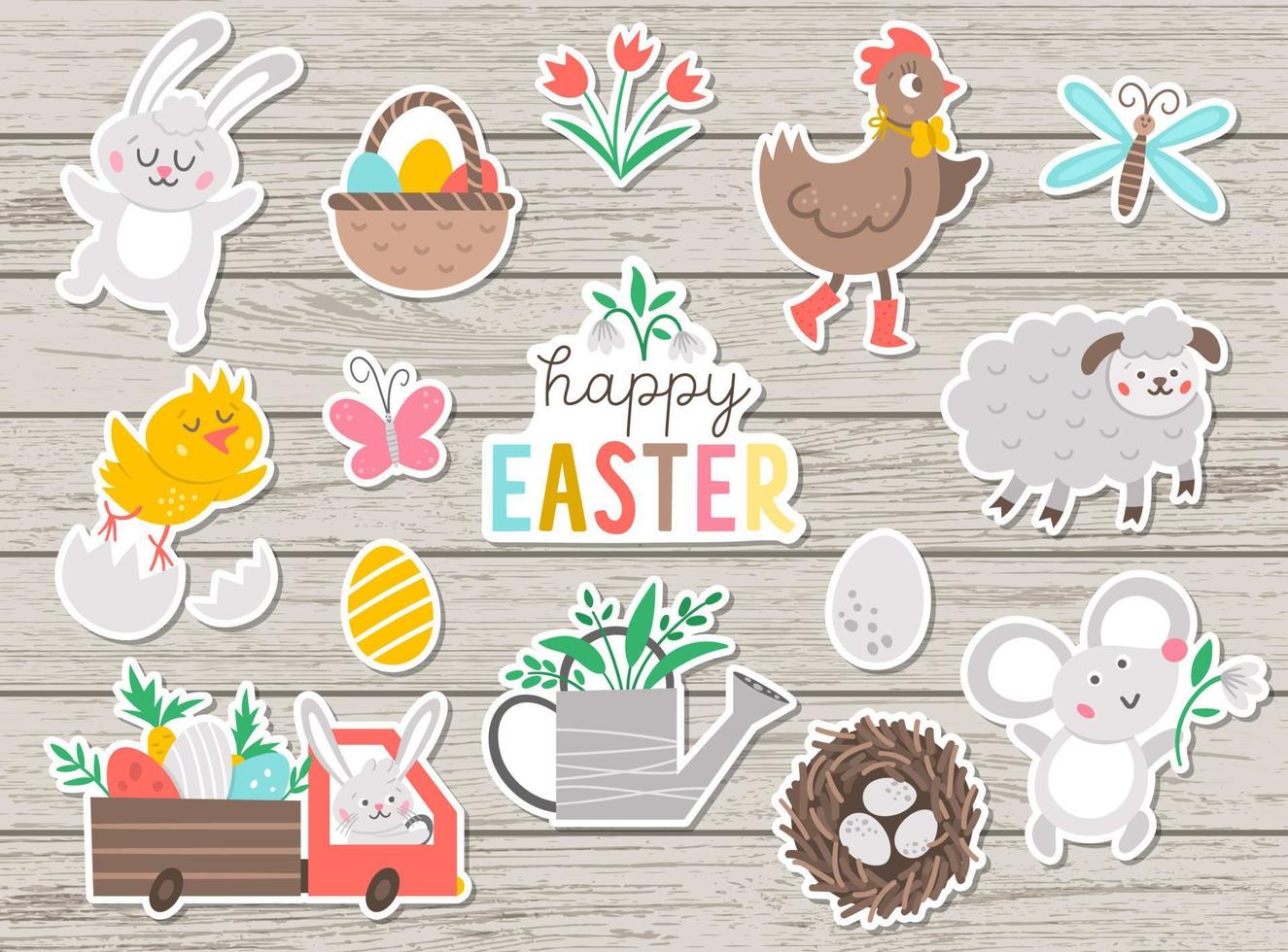 conjunto vectorial de pegatinas de Pascua. colección de lindos personajes y objetos con concepto de primavera. conejito, animales divertidos, huevos y pájaros sobre fondo de madera. paquete de parches de vacaciones religiosas vector