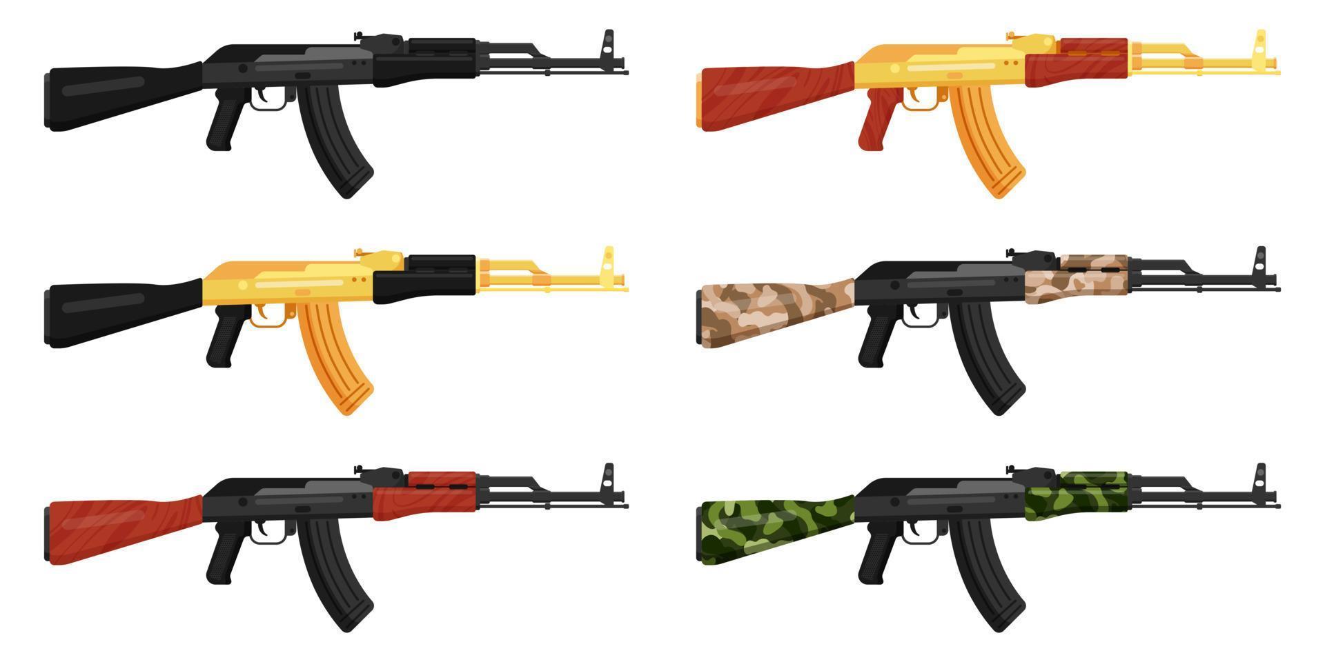 Set of Russian AK 47 and AK 74 Kalashnikov black, gold and camouflage assault rifle. vector