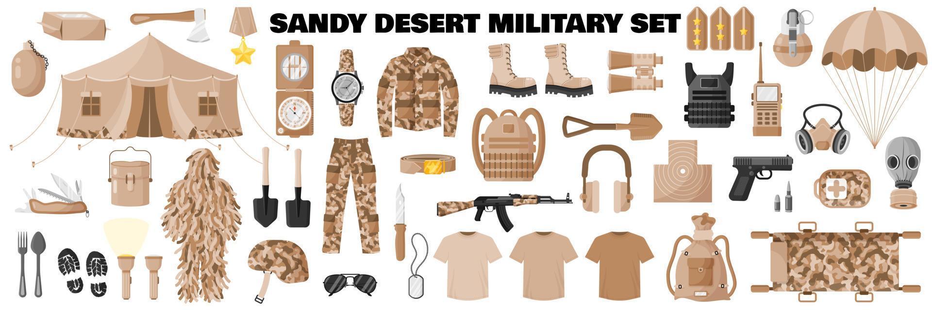 Conjunto militar de camuflaje caqui del desierto arenoso con uniforme de soldado, camuflaje caqui, equipo militar, rifle de asalto, etc. vector