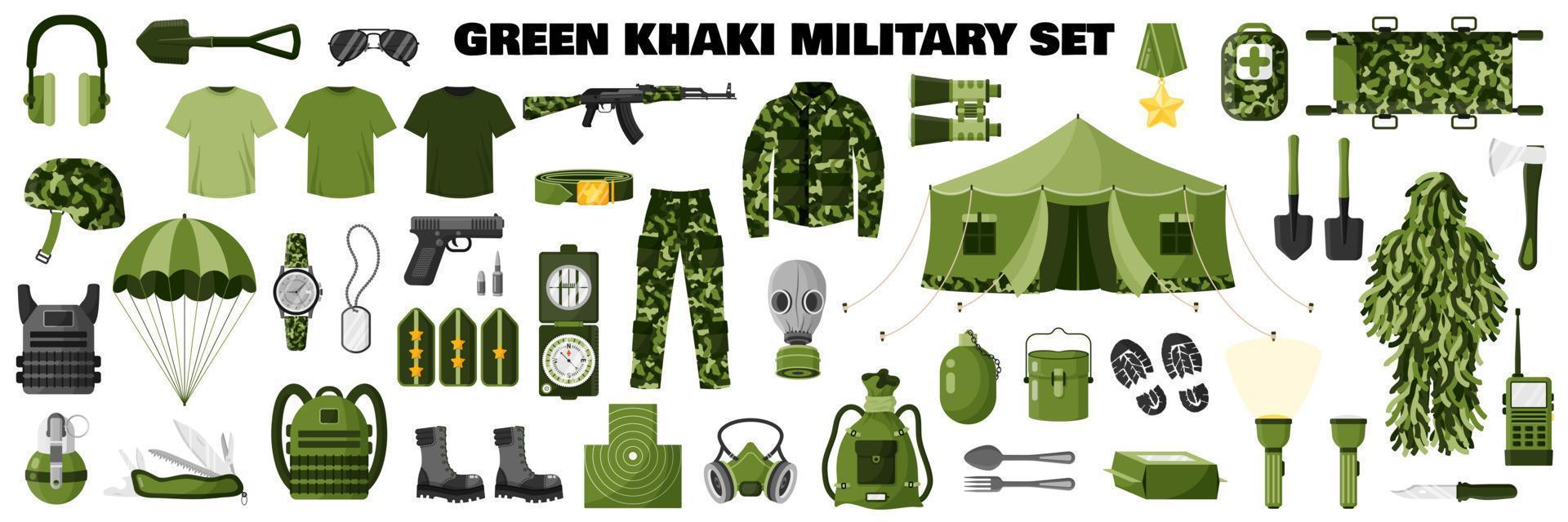 conjunto militar de camuflaje caqui verde oliva con uniforme de soldado, camuflaje caqui, equipo militar, rifle de asalto, etc. vector