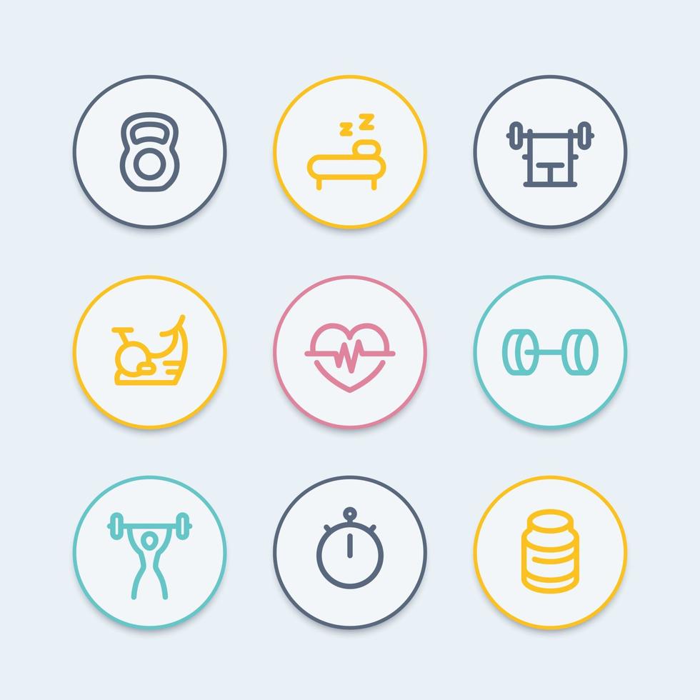 Fitness line icons, thick outline, fit and active lifestyle, workout, fitness icon, training, fitness symbols, vector illustration