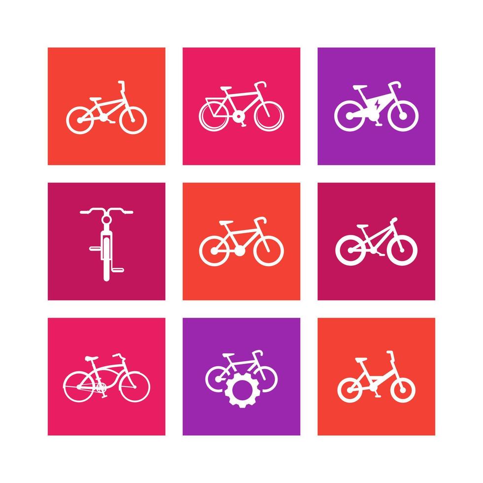 bicycle, cycling, bike, electric bike, fat-bike, bicycle repair service square icons on white, vector illustration