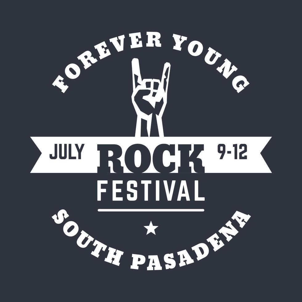 plantilla de afiche del festival de rock, diseño de camisetas, estampado con cuerno de mano, gesto popular de concierto de rock, ilustración vectorial vector
