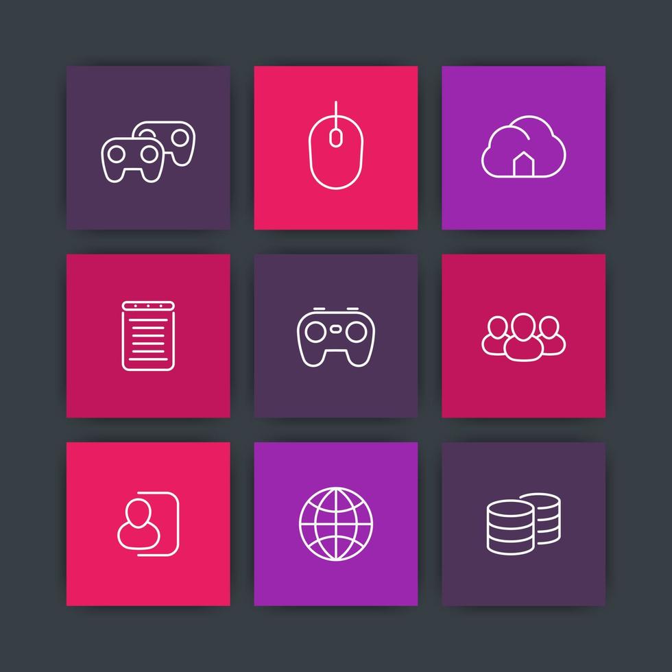 iconos de línea de videojuegos, multijugador, ciberdeporte, iconos lineales delgados de juegos de videoconsola, servidor, amigos, gamepad, iconos cooperativos, vector