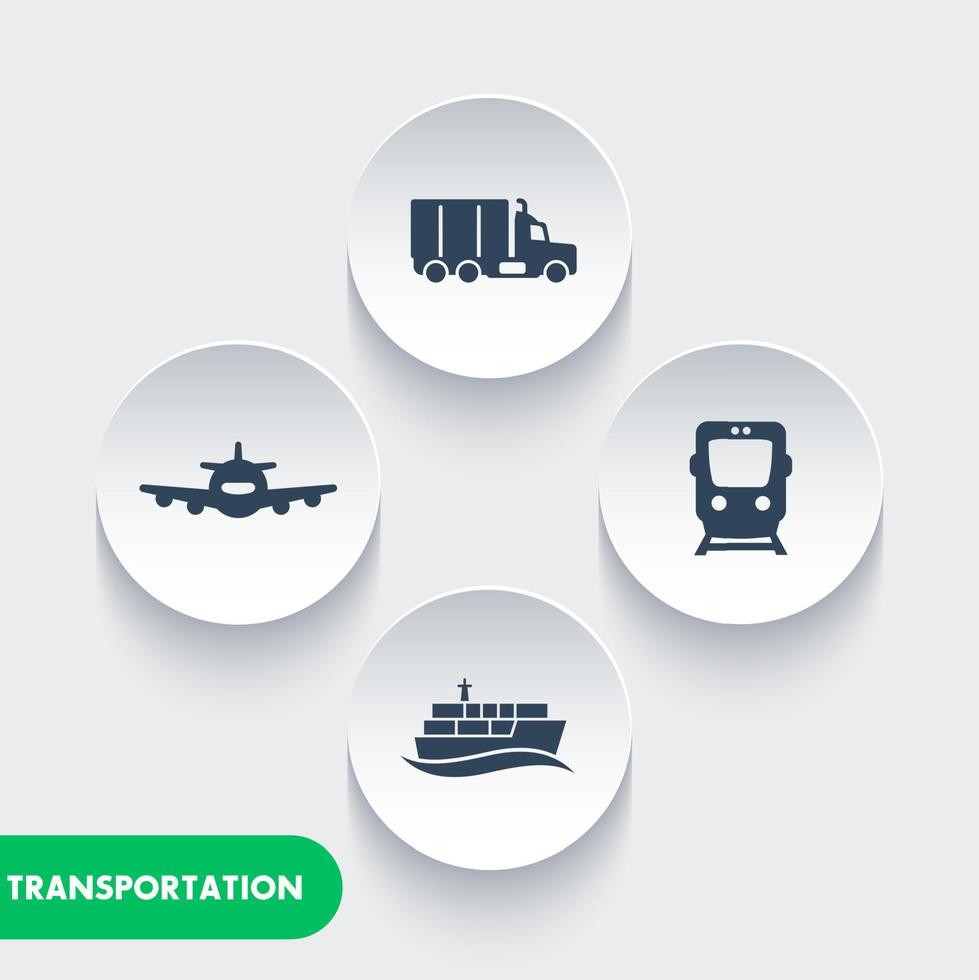 iconos de la industria del transporte, vector de tren de carga, transporte aéreo, buque de carga, transporte marítimo, icono de camión de carga, transporte