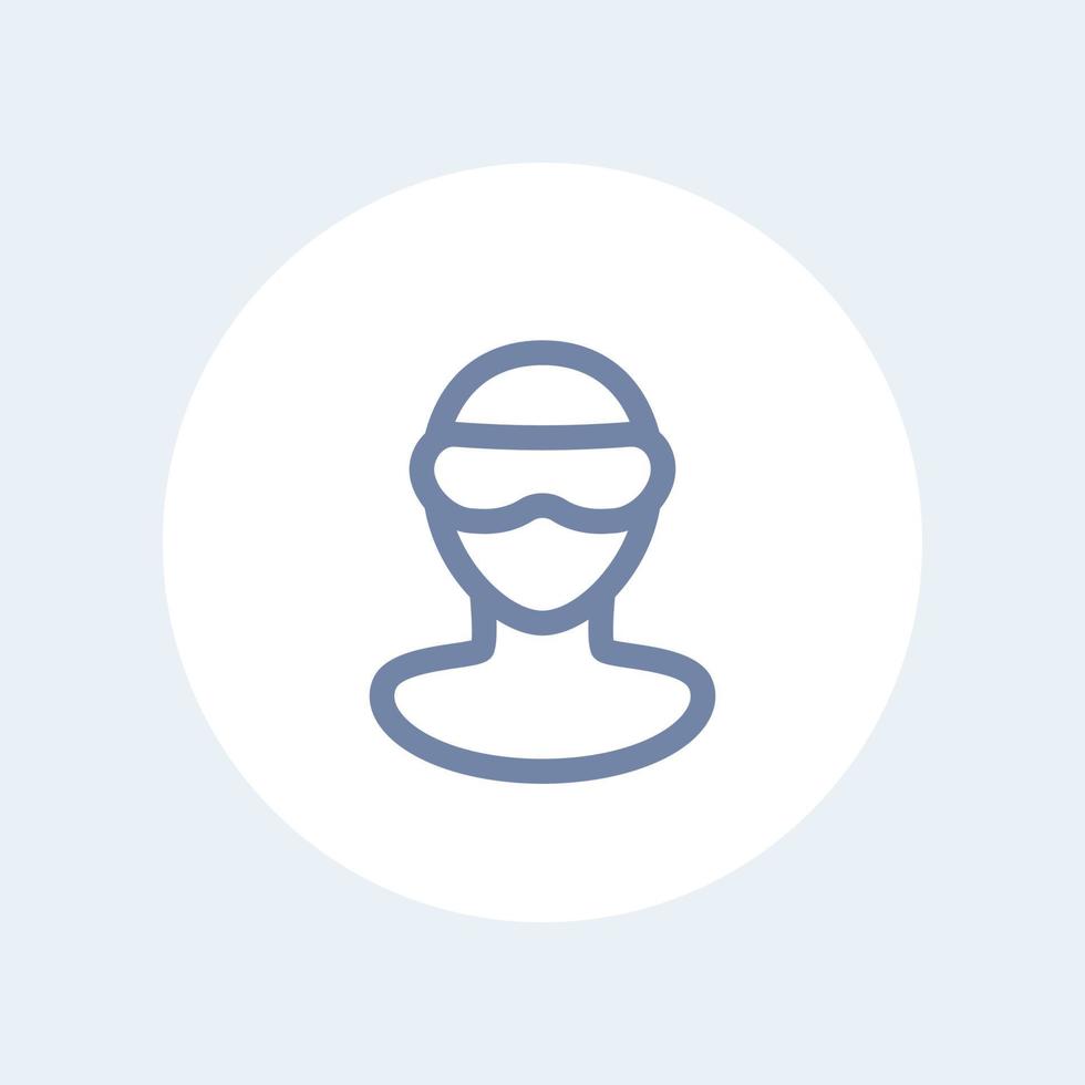 VR glasses line icon, virtual reality headset pictogram, man in virtual reality glasses isolated icon, vector illustration