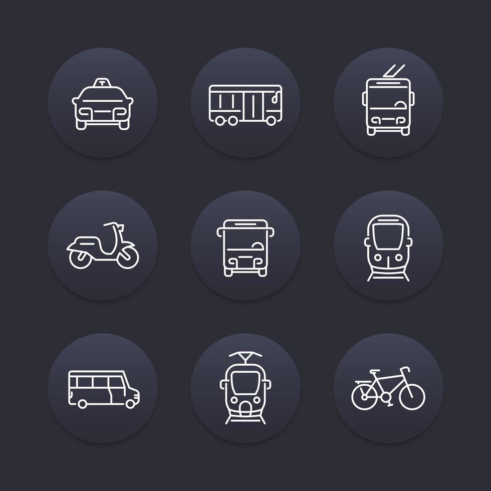 City transport, transit van, train, bus line icon, taxi, transit bus icon, linear round icons set, vector illustration