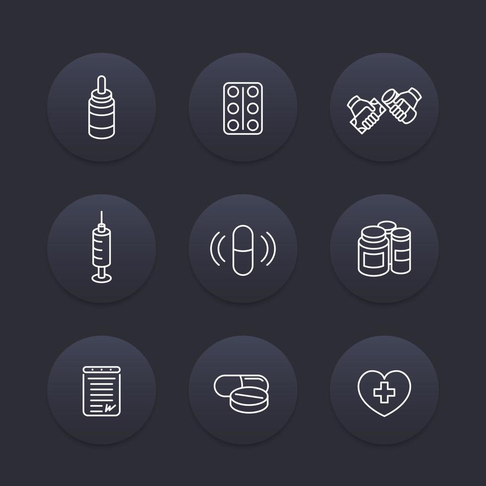 medicine, drugs, pills line icons, pharmaceutics, supplements, pharmaceuticals, medication icons, dark set, vector illustration