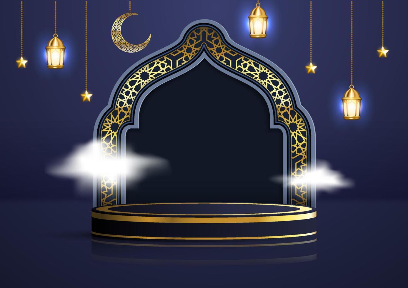 Realistic 3d Islamic celebration with Arabic ornament and product podium. Ramadan Kareem illustration for advertising, sales, and marketing in dark blue background design vector