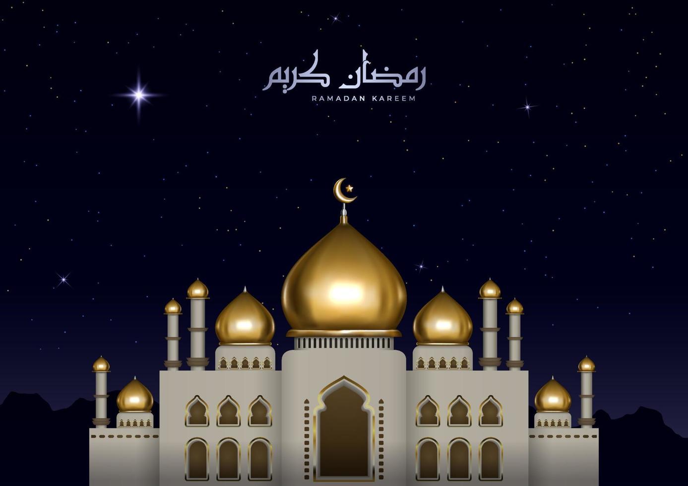Beautiful Islamic illustration with Arabic calligraphy and gold mosque. Realistic Ramadan Kareem greeting card with night view vector