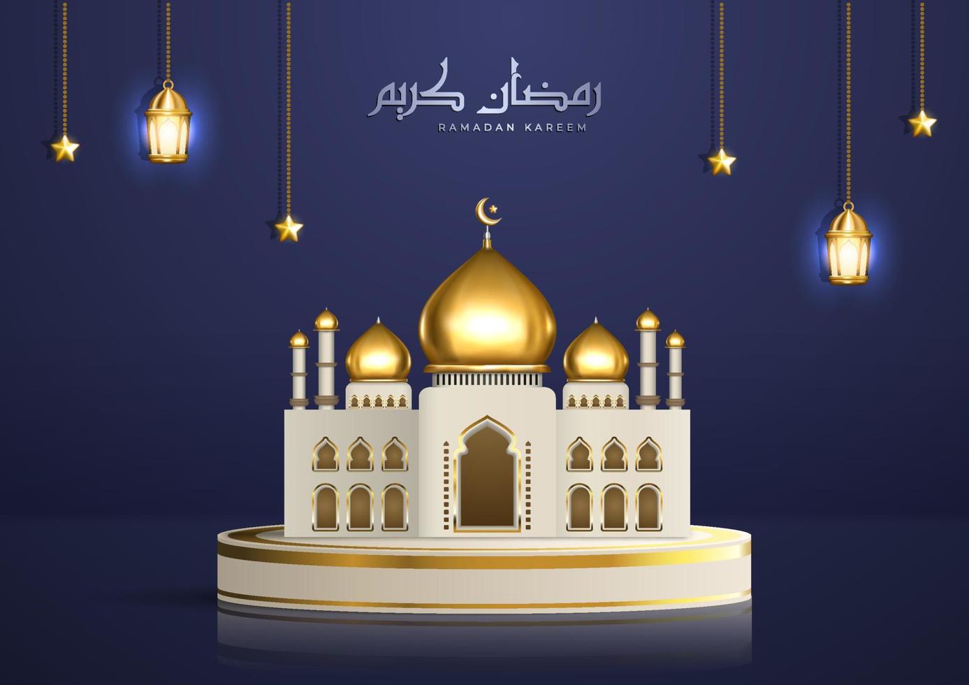 ilustración islámica realista con caligrafía árabe y mezquita dorada en el podio del producto. saludo de ramadan kareem con linternas colgantes y estrellas vector
