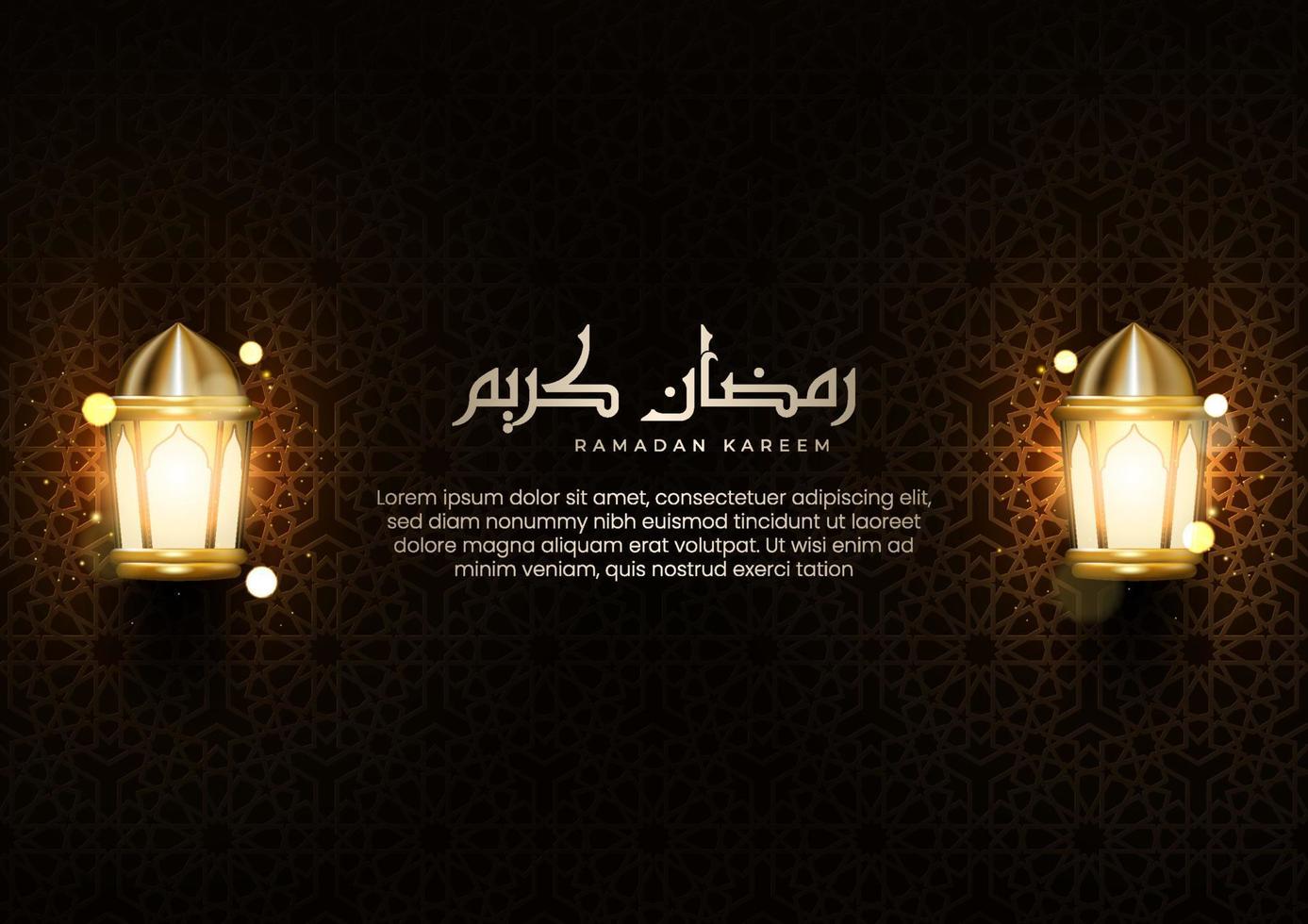 Realistic Islamic greeting card with Arabic calligraphy and shining lanterns. Illustration of Ramadan Kareem celebration with Arabic pattern textured walls vector