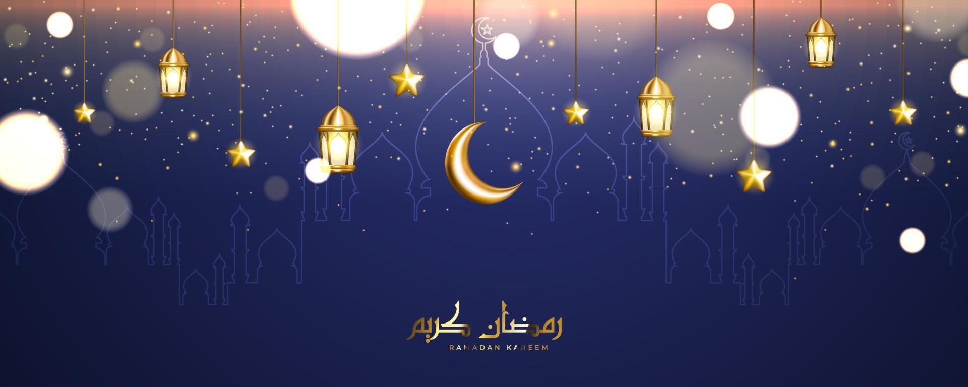 Beautiful Ramadan Kareem background with Arabic calligraphy and falling glitter particles. Islamic elements hanging on a dark background vector