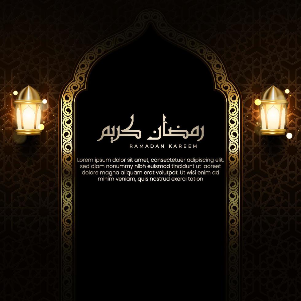 Realistic Islamic greeting card with Arabic calligraphy and shining lanterns. Illustration of Ramadan Kareem celebration with Arabic pattern textured walls vector