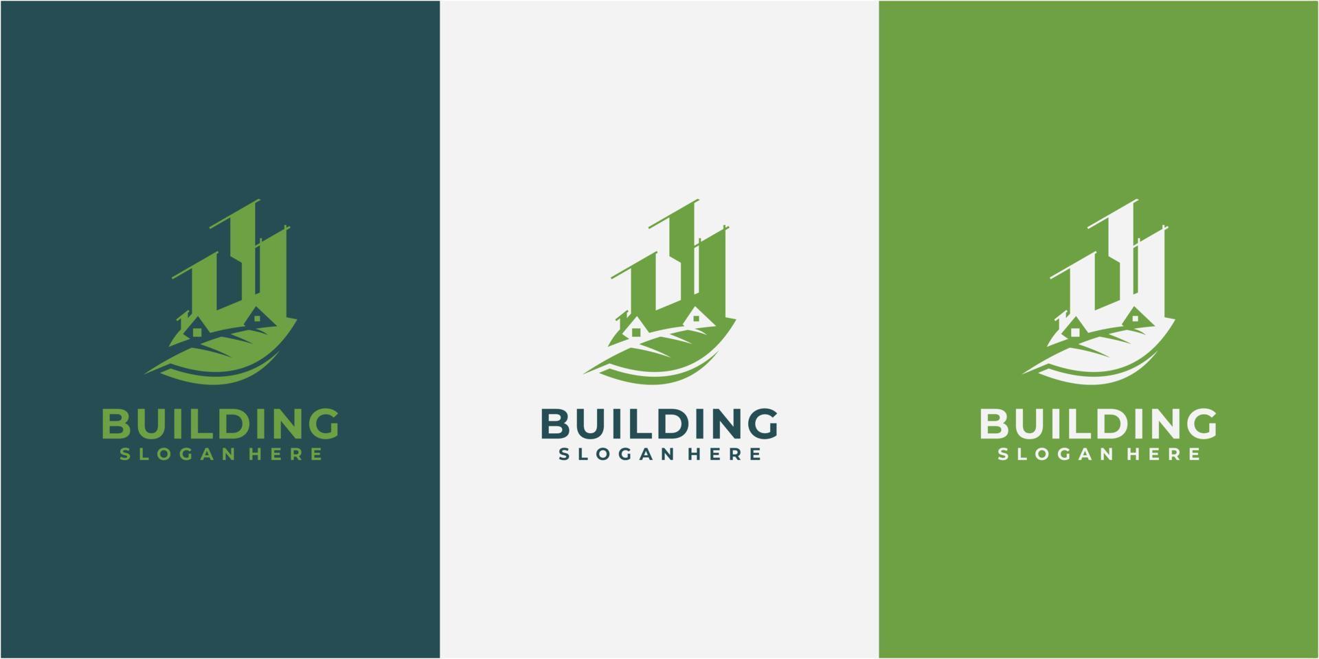 inspiración para el diseño del logotipo de la hoja de construcción. concepto de diseño de logotipo de edificio de hoja verde vector