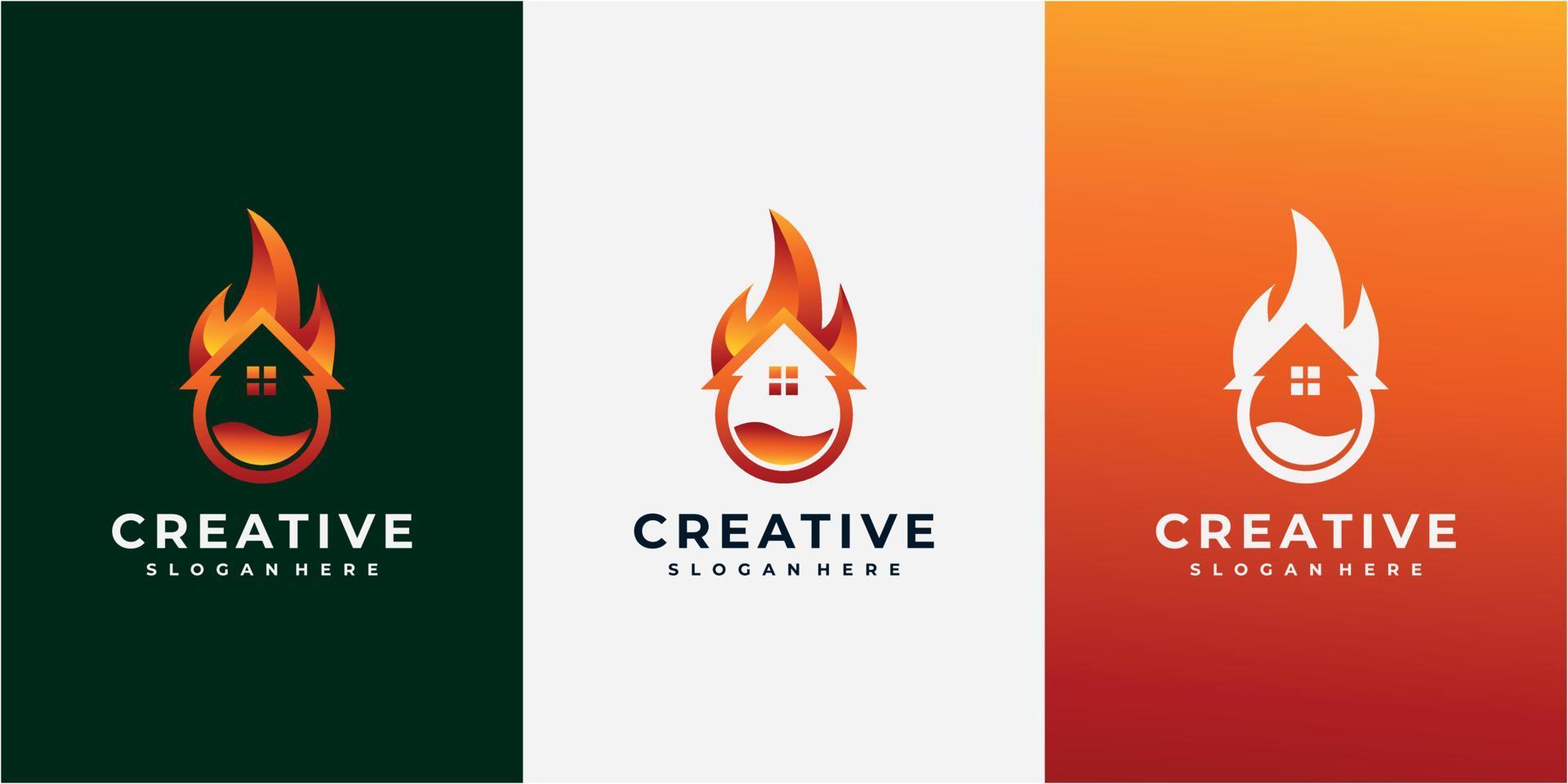 diseño de logotipo de fuego y llamas con concepto de casa y hogar. elemento de diseño de logotipo de icono de casa de fuego vector