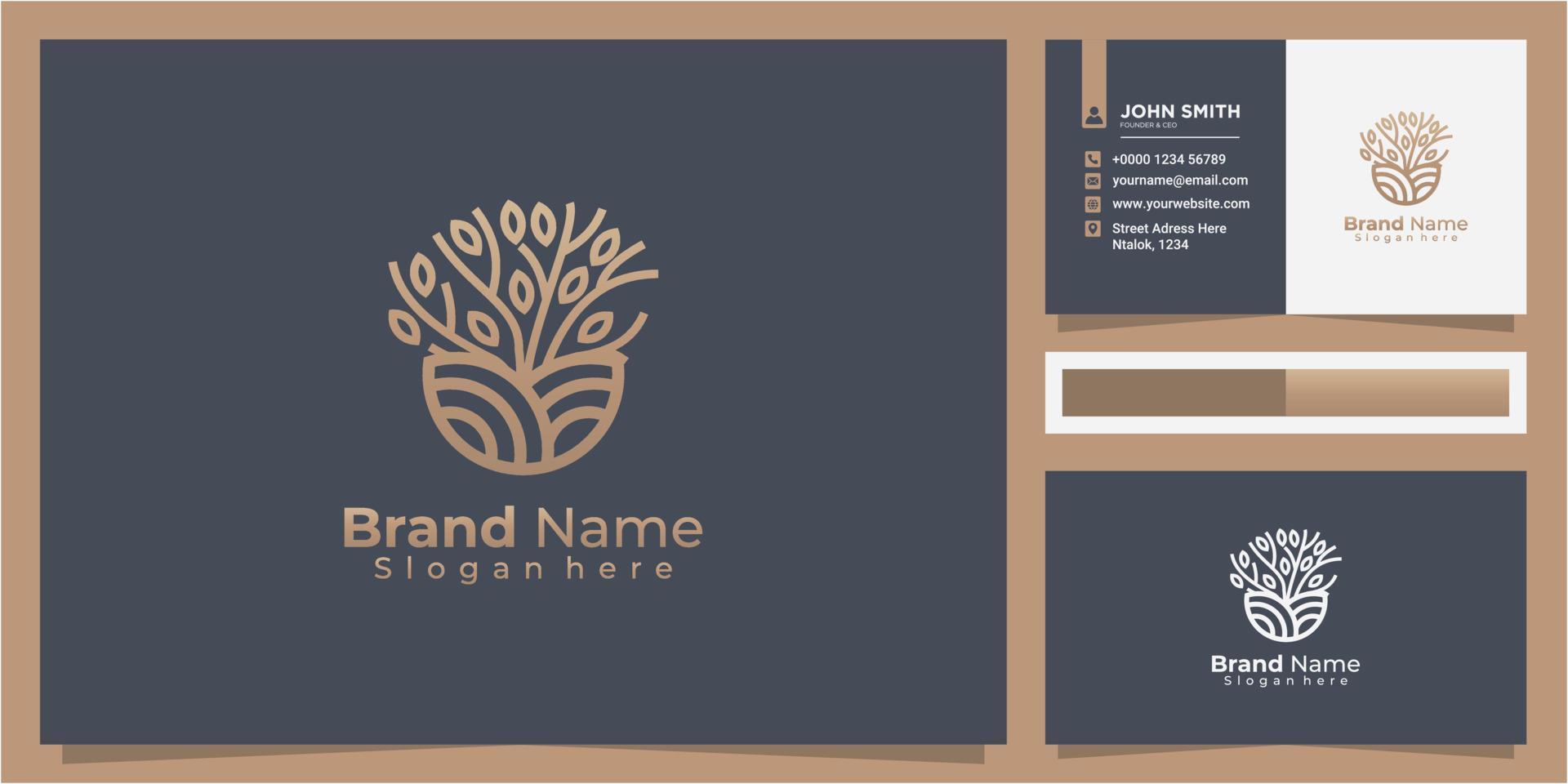 elegant land and line art tree logo design inspiration with business card vector